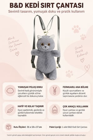 Kedi Sırt Çantası B&D Peluş Gri Çocuk Çantası Fermuarlı Hafif Sevimli Model 31 x 13 x 17 cm