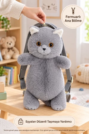 Kedi Sırt Çantası B&D Peluş Gri Çocuk Çantası Fermuarlı Hafif Sevimli Model 31 x 13 x 17 cm