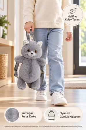 Kedi Sırt Çantası B&D Peluş Gri Çocuk Çantası Fermuarlı Hafif Sevimli Model 31 x 13 x 17 cm