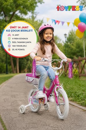 14 Jant Kız Çocuk Bisikleti V Fren Yan Tekerlekli Çantalı Beyaz-Pembe 98x50 cm - 3-6 Yaş Arası
