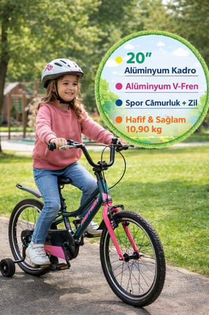 20 Jant Alüminyum Kadro V Fren Çocuk Bisikleti Zilli Çamurluklu Pembe Antrasit 10,90 Kg 20x1,75 Spor