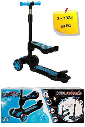 3 Tekerlekli Katlanabilir Işıklı Oturaklı Mavi Renk Scooter - (3 - 7 Yaş Arası)