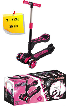 3 Tekerlekli Katlanabilir Işıklı Oturaklı Pembe Renk Scooter - (3 - 7 Yaş Arası)
