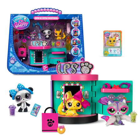 Littlest Pet Shop Spin & Style Boutique 4'ü 1 Arada 3 Figür 15+ Aksesuar Butik Oyun Seti Taşınabilir