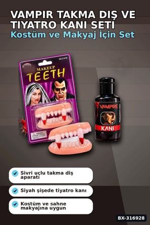 Vampir Takma Diş Ve Tiyatro Kanı Kostüm Aksesuar Seti, 2 Parça Bx-316928