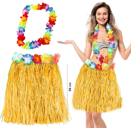 Hawaii Luau Aloha Sarı Püsküllü 50 Cm Etek Ve Hawaii Kolye Seti Bx40