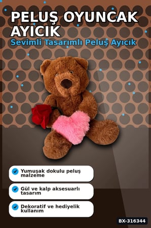 Peluş Oyuncak Ayıcık 25 Cm Güllü Kalpli Tasarım - Sevimli Hediyelik Model Bx-316344
