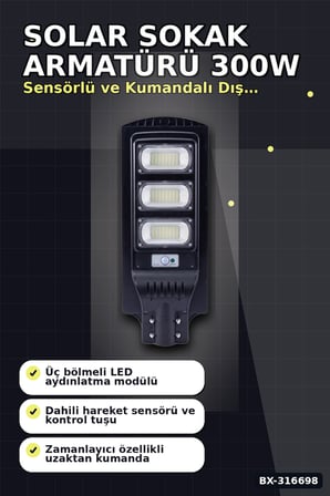 Solar Sokak Armatürü 300W Kumandalı Bahçe Lambası Dış Mekan Aydınlatma Bx-316698