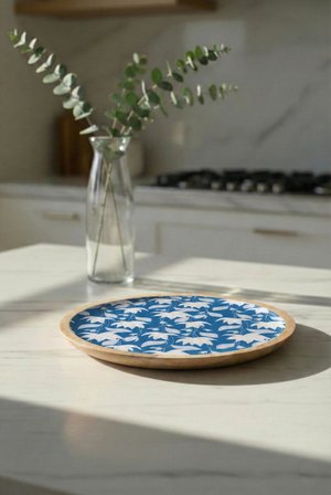 Depa Servis Tabağı Sunum Tabağı Mavi 25 Cm Emaye Çiçek Desenli