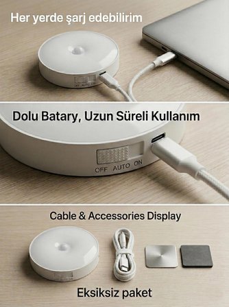 Hareket Sensörlü Yuvarlak LED Aydınlatma & USB Şarjlı Pratik Gece Lambası (8 cm)