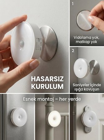 Hareket Sensörlü Yuvarlak LED Aydınlatma & USB Şarjlı Pratik Gece Lambası (8 cm)