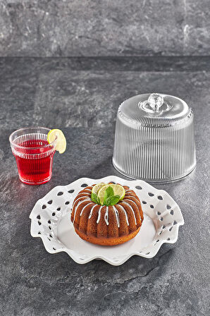 Akrilik Barok Beyaz Renk Kek Fanus & Kek Saklama Kabı & Şık Sunum Organizeri 26 Cm