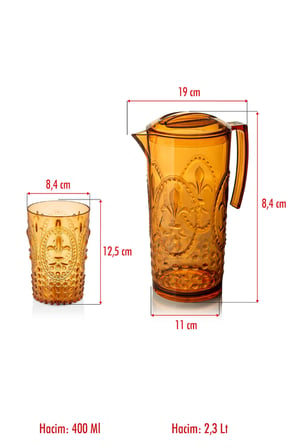 Akrilik Bal Sürahi 2,3 lt Ve 6'lı Su Meşrubat Kahve Yanı Bardağı 400 ml Seti ( Cam Değildir )