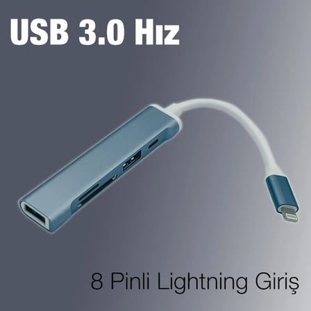 Ally S-503 5in1 Lightning to USB + SD Kart Hub Adaptör Çevirici Dönüştürücü-1852