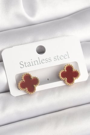 Pirinç Gold Renk Bordo Yonca Model Kadın Küpe -1492
