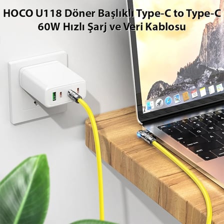 HOCO U118 Döner Başlıklı Type-C to Type-C 60W Hızlı Şarj ve Veri Kablosu-1852