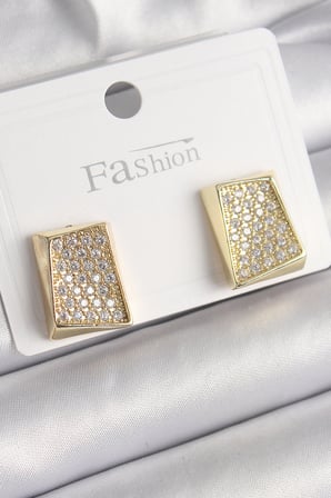 Pirinç Gold Renk Zirkon Taşlı Plaka Model Kadın Küpe -1492