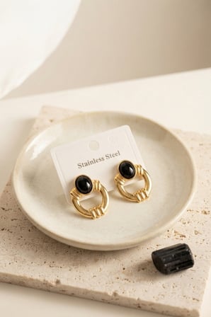 316L Çelik Gold Renk Vintage Siyah Taşlı Küpe 5886-1492