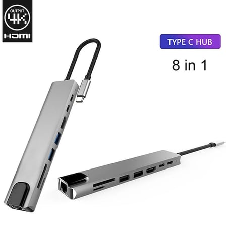 Ally 8 Port Usb 8in1 3.0 Type-C Hdmi 3XUSB+2 PD) RJ45 Hub Adaptör Çoklayıcı TF SD Kart-1852