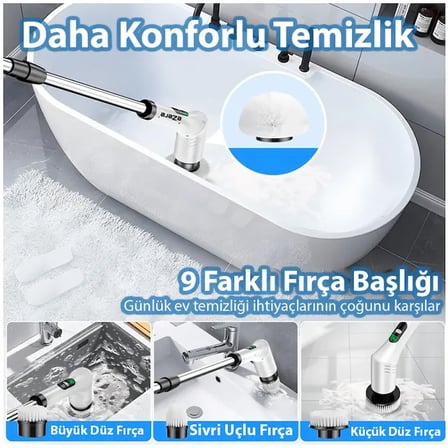 EZERE SpinPro 9-in-1 Teleskopik Şarjlı Dijital Temizlik Fırçası-1852