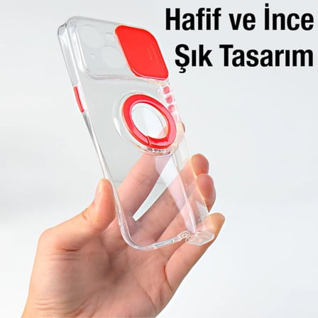 Ally iPhone 13 Mini 5.4inç Kılıf Sürgülü Kamera Lens Korumalı Yüzük Standlı Silikon Kılıf-1852