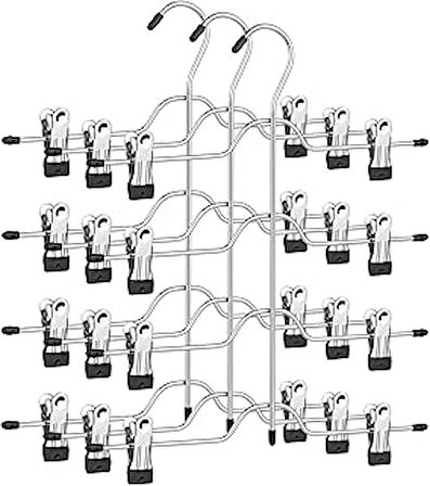 Songmics Pantolon Askısı Yer Tasarrufu Sağlar, Klipsli Çoklu Etek Askısı, 3'lü Set, Metal Elbise Askısı, Her Biri 4 Pantolon İçin, 8 Ayarlanabilir Mandallı, Kaymaz, 32 cm, Gümüş-Siyah Cri042Bk