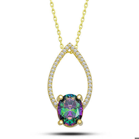 Gümüş Gold Oval Mistik Topaz Taşlı Damla Kadın Kolye