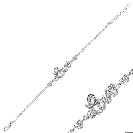 925 Ayar Gümüş Kalpli Love Yazılı Bileklik