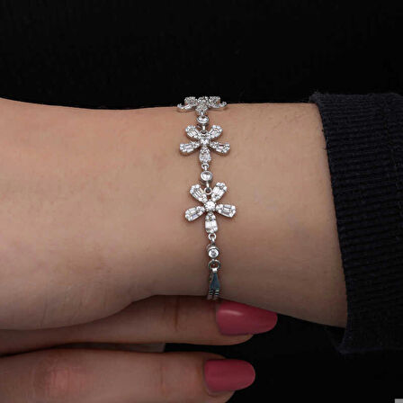 925 Ayar Gümüş Baget Çiçek Desenli Kadın Bileklik