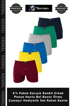 6'lı Paket Karışık Renkli Erkek Penye Havlu Bel Boxer Örme Çamaşır Hediyelik Set Rahat Kesim