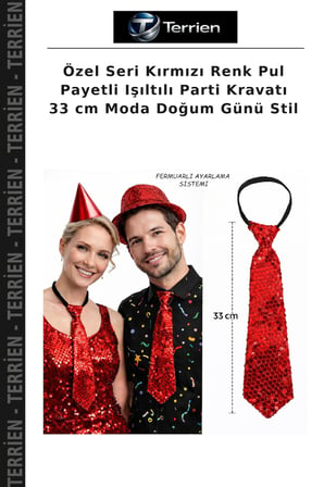 Özel Seri Kırmızı Renk Pul Payetli Işıltılı Parti Kravatı 33 cm Moda Doğum Günü Stil