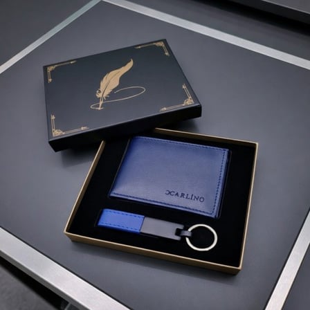 Özel Üretim Metal Detaylı Erkek Stil Tarz Aksesuar Mavi Cüzdan Anahtarlık Set