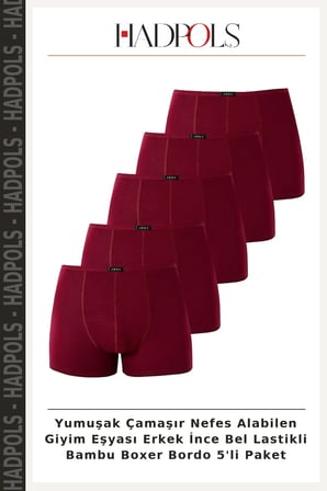 Yumuşak Çamaşır Nefes Alabilen Giyim Eşyası Erkek İnce Bel Lastikli Bambu Boxer Bordo 5'li Paket