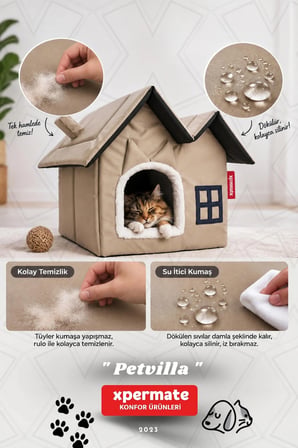 Kedi Evi Kedi Yuvası Kapalı Kedi Kulübesi Pet Villa Bej 