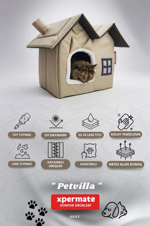 Kedi Evi Kedi Yuvası Kapalı Kedi Kulübesi Pet Villa Bej 