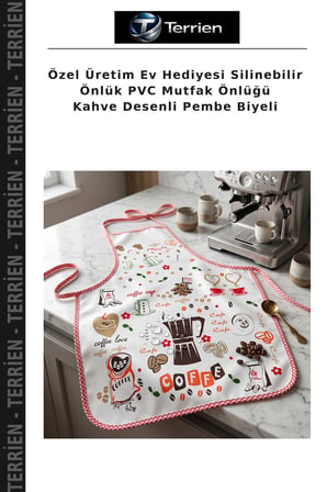 Özel Üretim Ev Hediyesi Silinebilir Önlük PVC Mutfak Önlüğü Kahve Desenli Pembe Biyeli