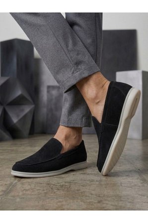 %100 İçi Dışı Hakiki Deri Erkek Siyah Süet Casual Loafer Termo Taban Ayakkabı