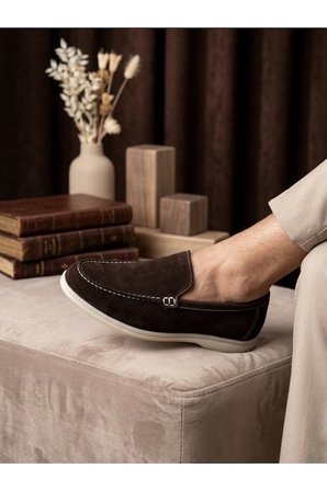 %100 İçi Dışı Hakiki Deri Erkek Kahverengi Süet Casual Loafer Termo Taban Ayakkabı