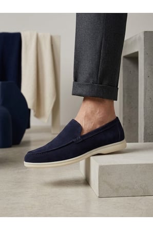 %100 İçi Dışı Hakiki Deri Erkek Lacivert Süet Casual Loafer Termo Taban Ayakkabı