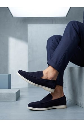 %100 İçi Dışı Hakiki Deri Erkek Lacivert Süet Casual Loafer Termo Taban Ayakkabı