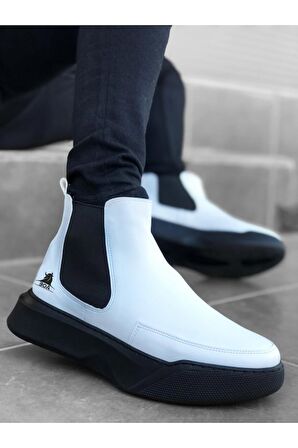 Xramburada 150 Bağcıksız Bantlı Erkek Yüksek Taban Beyaz Siyah Taban Spor Bot