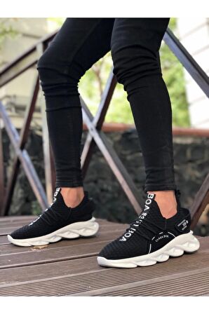 Xramburada Yüksek Taban Tarz Sneakers Cırt Detaylı Siyah Beyaz Tabanlı Erkek Spor Ayakkabısı