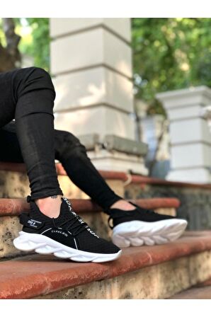 Xramburada Yüksek Taban Tarz Sneakers Cırt Detaylı Siyah Beyaz Tabanlı Erkek Spor Ayakkabısı