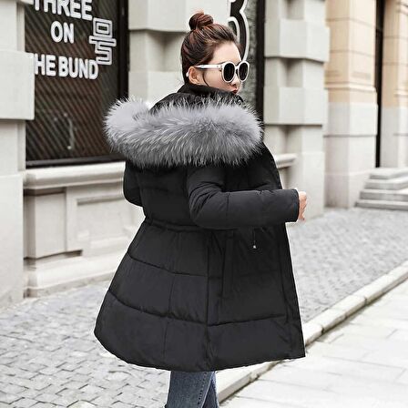 Barbora Kışlık Yaka Kürklü Uzun Kadın Şişme Mont bt122siyah9