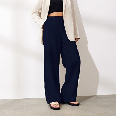 Barbora Keten Günlük Pantolon Beli Bağcıklı Ln14lacivert