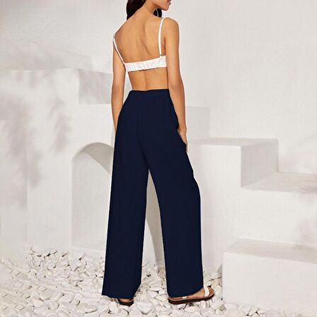 Barbora Keten Günlük Pantolon Beli Bağcıklı Ln14lacivert