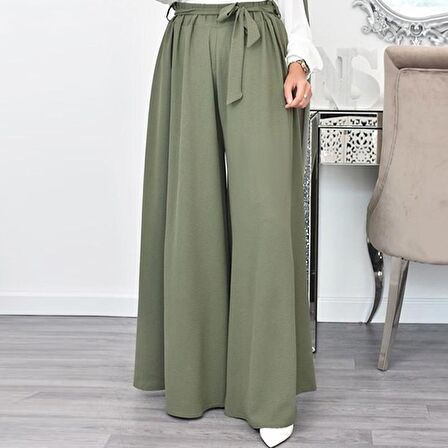 Barbora Keten Yazlık Günlük Kemerli Kadın Pantolon Şalvar LN345haki4