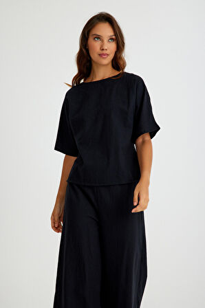 Barbora Keten Günlük Rahat Beli Lastikli Kadın İkili Takım Alt Üst LN10siyah3