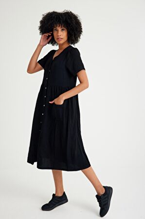 Barbora Keten Günlük Rahat V Yaka Beli Büzgü Detaylı Düğmeli Elbise LN04siyah5