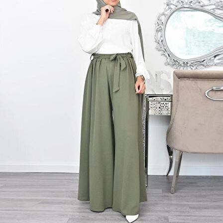 Barbora Keten Yazlık Günlük Kemerli Kadın Pantolon Şalvar LN345haki6